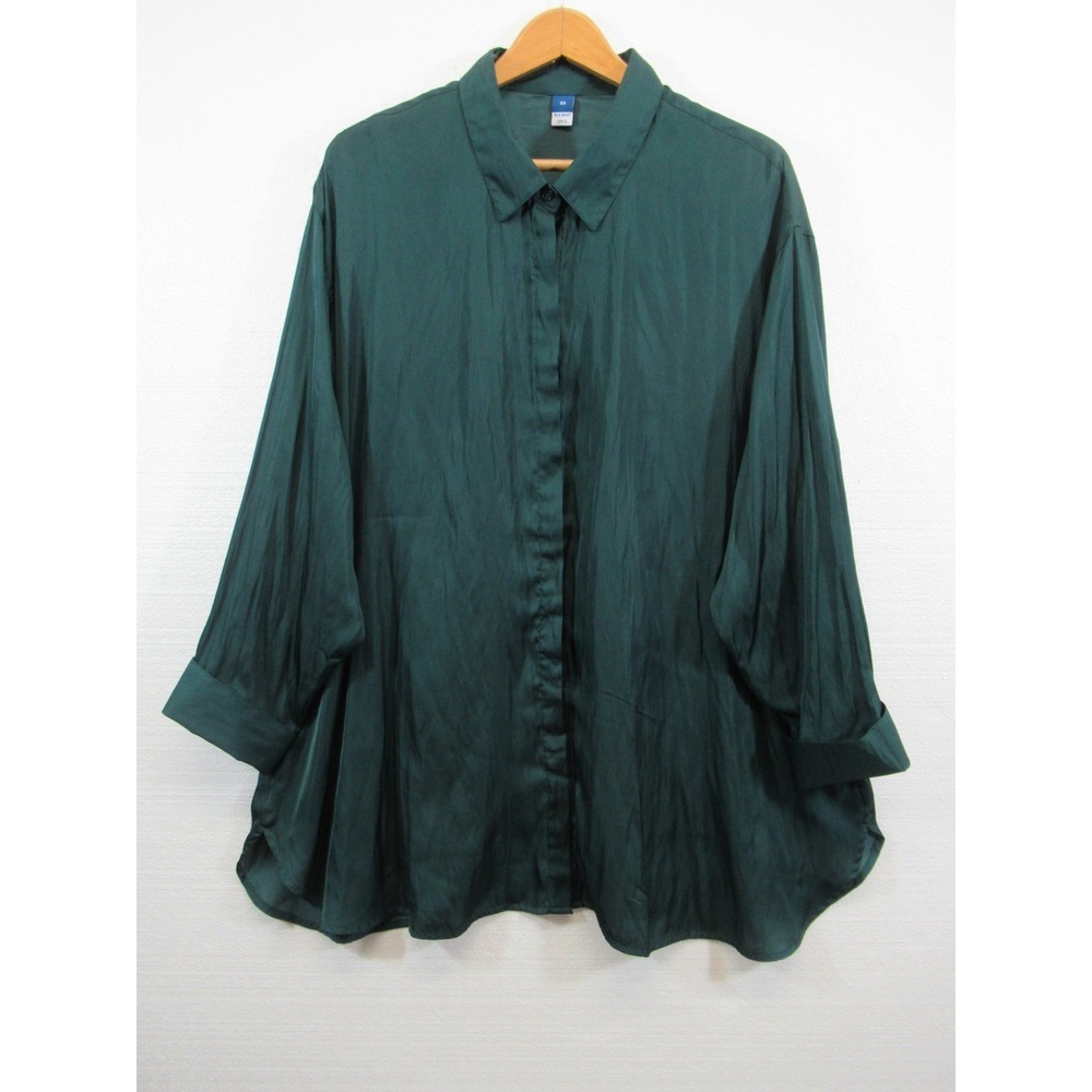 NEW Old Navy Satin Button Up Blouse Plus Size 3X Green Long Sleeve Lightweight